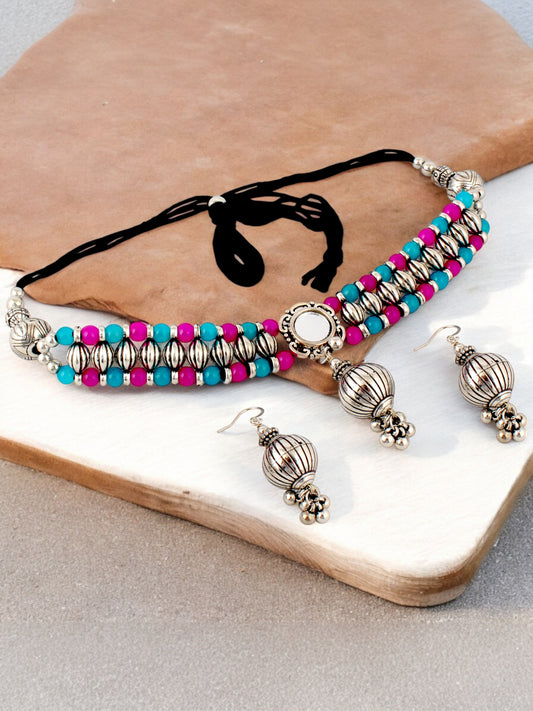 Navratri, Dandiya Garba Festival Jewellery Beads Choker Necklace with Earring