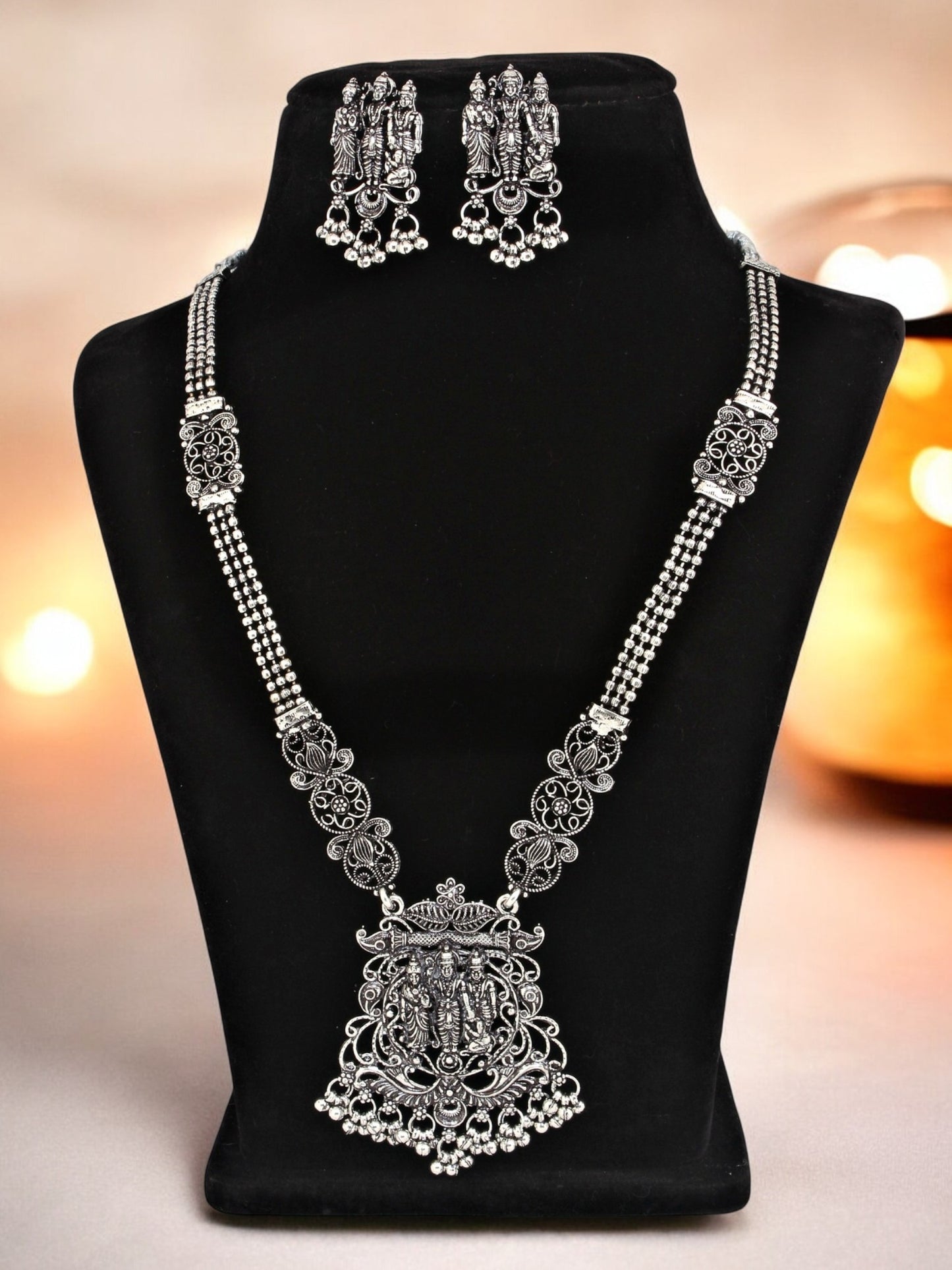 Oxidised Silver Temple Jewellery Necklace Set for Women & Girls