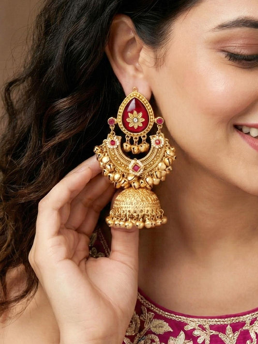 LUCKY JEWELLERY  Traditional Gold Plated Kashmiri Jhumka Earrings with Ruby Stone and Ghungroo for Girls & Women |  Designer Jhumkee Earring Set | Birthday Gift Earrings Valentine Anniversary Gift