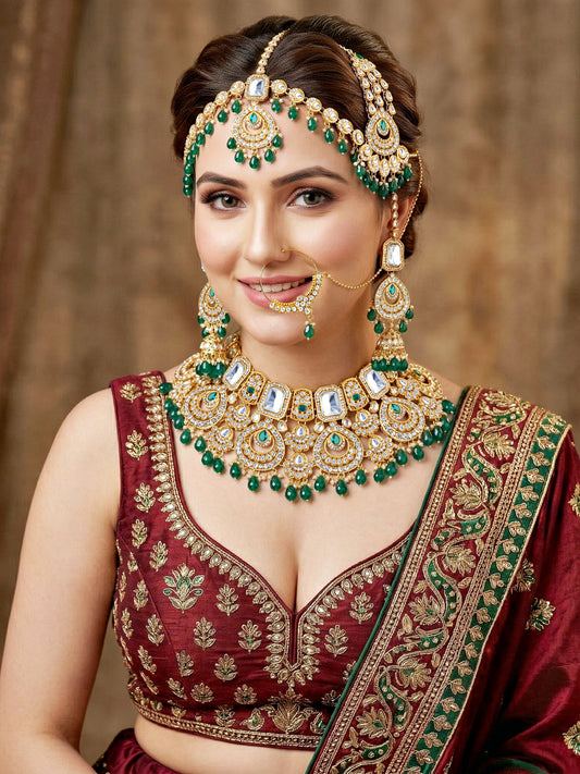 Bridal AD Green Stone Heavy Choker Jewellery Set with Sheesh Patti, Nath & Jhumka (3300-M8ZK-1106-G)