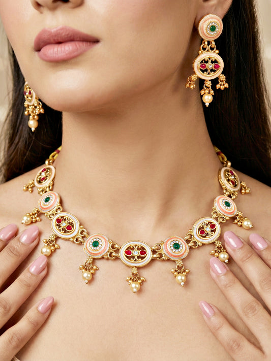 Lucky Jewellery Gold-Plated Meenakari Red & Green Stone Necklace Set (580-G2SR-260-WRG)