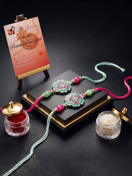 Set of 2 Floral Rakhi for Brother with Magenta & Mint Beads, Roli Chawal & Card (108-CHR1-1966-MNTR-S-2-2026)
