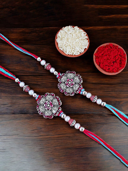 Lucky Jewellery Designer Oxidised Silver Meena Floral Rakhi - Rakshabandhan Rakhee Bracelet for Brother/Bhaiya/Bhai/Bhabhi - Pack of 2 (108-CHR1-1966-R-S-2)