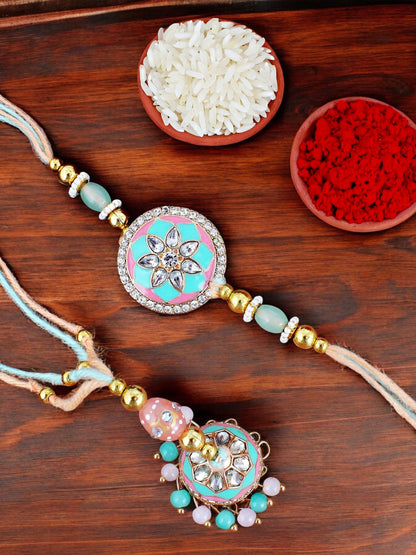 Lucky Jewellery Designer Gold Plated Pink and Mint Meena Stone Rakhi - Rakshabandhan Rakhee with Tasseled Lumba Bracelet for Brother Bhaiya Bhai Bhabhi - Pack of 2 (325-CHCR1-1152-PKMNT-2)