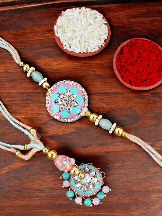 Lucky Jewellery Designer Gold Plated Pink and Mint Meena Stone Rakhi - Rakshabandhan Rakhee with Tasseled Lumba Bracelet for Brother Bhaiya Bhai Bhabhi - Pack of 2 (325-CHCR1-1152-PKMNT-2)