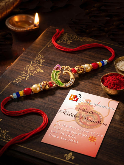 Traditional Om & Peacock Spiritual Beaded Rakhi For Brother With Roli Chawal & Card (72-S5R1-AR2903)