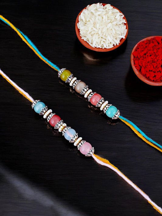 Lucky Jewellery Designer Multi Color Pearl Rakhi - Rakshabandhan Rakhee Bracelet for Brother/Bhaiya/Bhai/Bhabhi - Pack of 2 (96-JPR1-1993-MT-S-2)