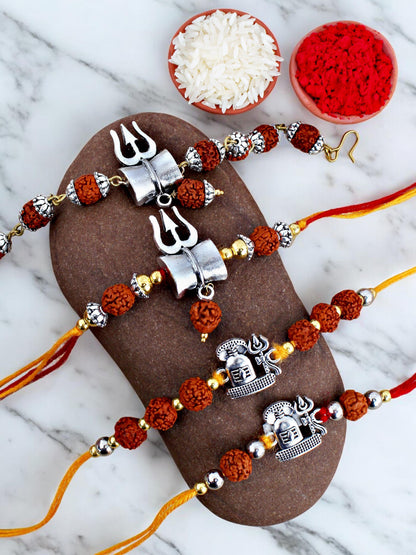Lucky Jewellery Designer Oxidised Silver Religious Rakhi - Rakshabandhan Immitation Rudraksh Shiva Rakhee with Lumba Bracelet for Brother/Bhaiya/Bhai/Bhabhi - Pack of 4 (220-CHR1-196372-4)