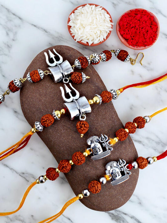Lucky Jewellery Designer Oxidised Silver Religious Rakhi - Rakshabandhan Immitation Rudraksh Shiva Rakhee with Lumba Bracelet for Brother/Bhaiya/Bhai/Bhabhi - Pack of 4 (220-CHR1-196372-4)