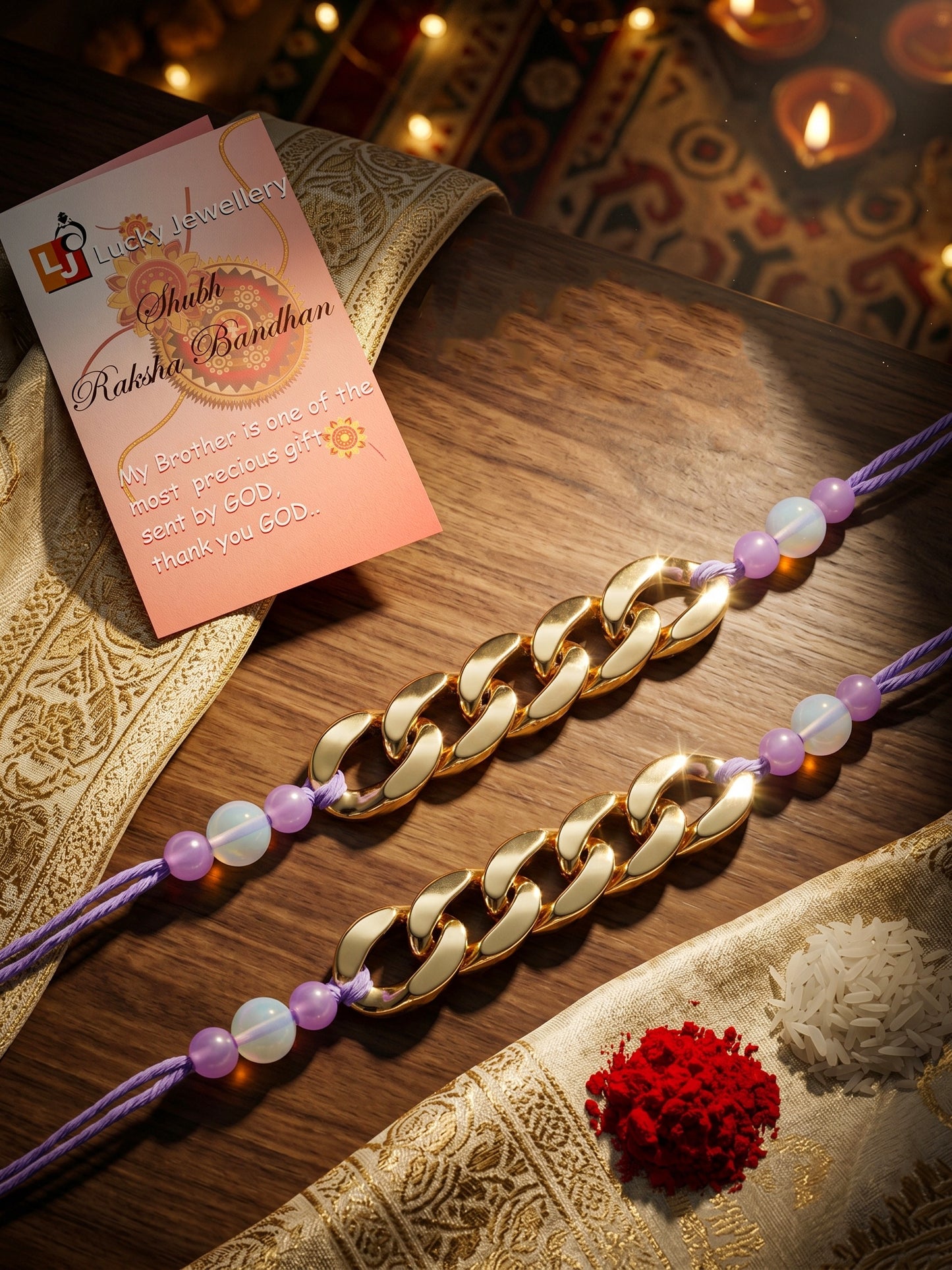 Set of 2 Modern Gold Chain Link Rakhi for Brother with Lavender Beads, Roli Chawal & Card (105-CHR1-1197-2-2026)