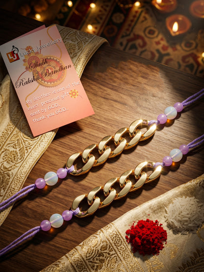 Set of 2 Modern Gold Chain Link Rakhi for Brother with Lavender Beads, Roli Chawal & Card (105-CHR1-1197-2-2026)