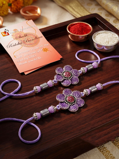 Set of 2 Purple Floral Rakhi for Brother with Silver Accents, Lavender Beads, Roli & Chawal & Card (106-CHR1-1967-P-S-2-2026)
