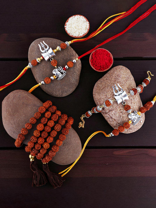 Lucky Jewellery Designer Religious Shiva Rakhi - Rakshabandhan Multi Layered 108 Beads Immitation Rudraksh Combo Rakhee Lumba Bracelet for Brother Bhaiya Bhai Bhabhi - Pack of 5 (718-JPR1-1994-5)