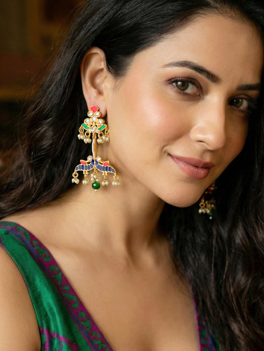 LUCKY JEWELLERY Gold Plated Enamel Peacock Design multicolor with Green Beads Earring For Girls & Women | Kashmiri Style Earing Set | Birthday Gift Earrings Valentine Anniversary