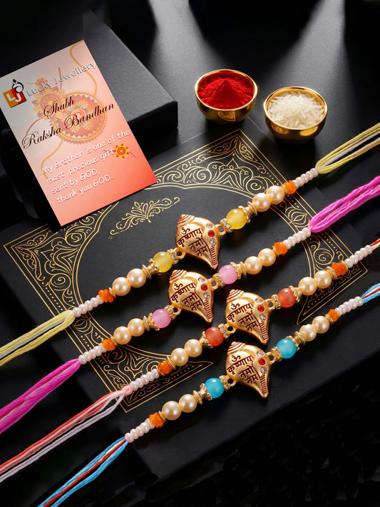 Lucky Jewellery Set of 4 Om Krishnaya Namah Shankh Rakhi for Brother with Roli, Chawal & Greeting Card (202-S7R1-2323-4)