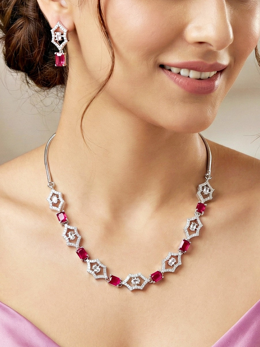 Silver-Tone Ruby Red Stone & American Diamond Necklace Set with Earrings for Women – Office, Party & Function Wear (628-K4SA-2240-R-S)