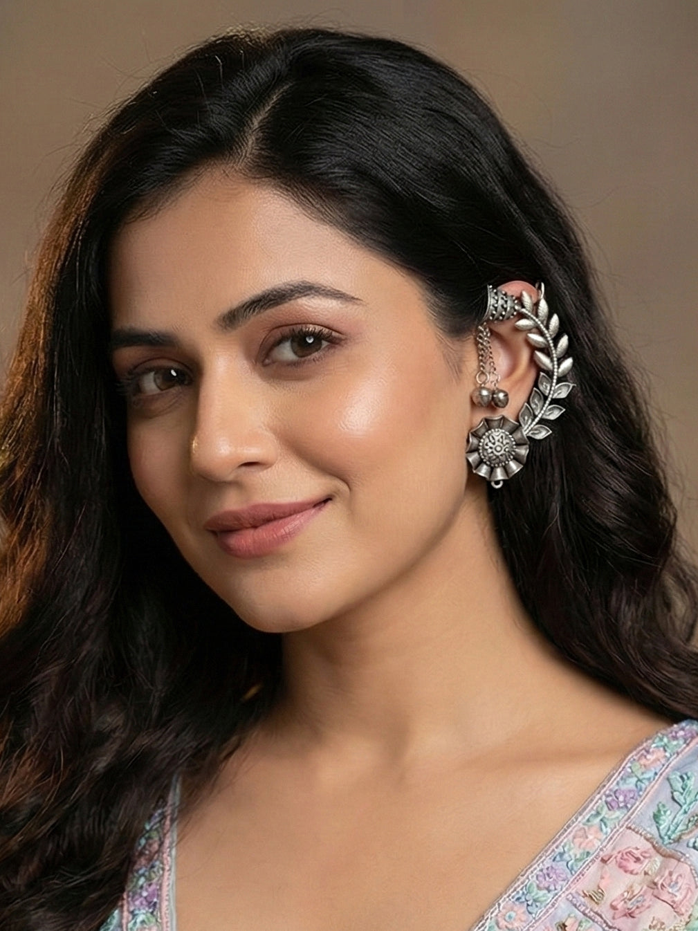 Oxidised Silver Leaf Floral Ear Cuff with Ghungroo Chain Drop Earrings For Girls & Women (258-KK2O-10668)