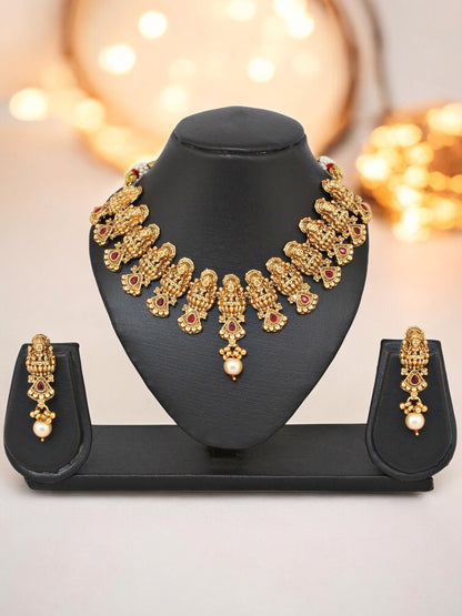 Gold Plated Temple Jewellery Goddess Lakshmi Design Necklace with Earrings