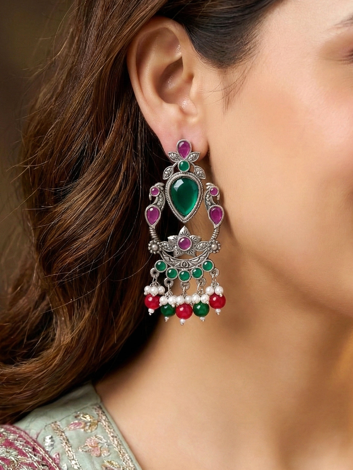 LUCKY JEWELLERY Oxidised Silver Green Stone Chandelier Earrings with Magenta & Green Beads For Girls & Women | Antique Silver Earing Set | Birthday Gift Earrings Valentine Anniversary