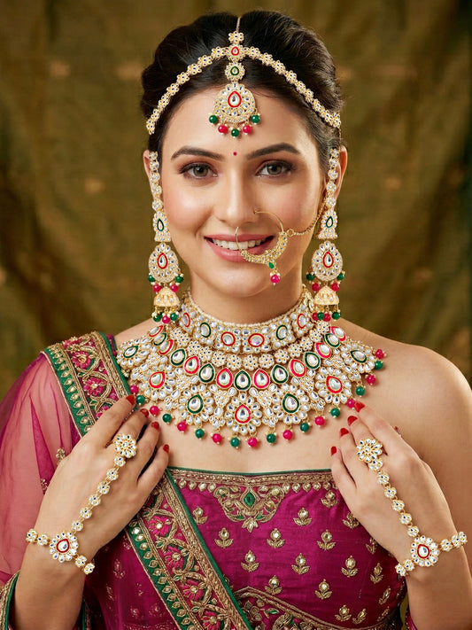 Bridal Kundan Red Green Multicolor Heavy Choker Jewellery Set with Hathphool & Nath (2640-IZK-551-RG)