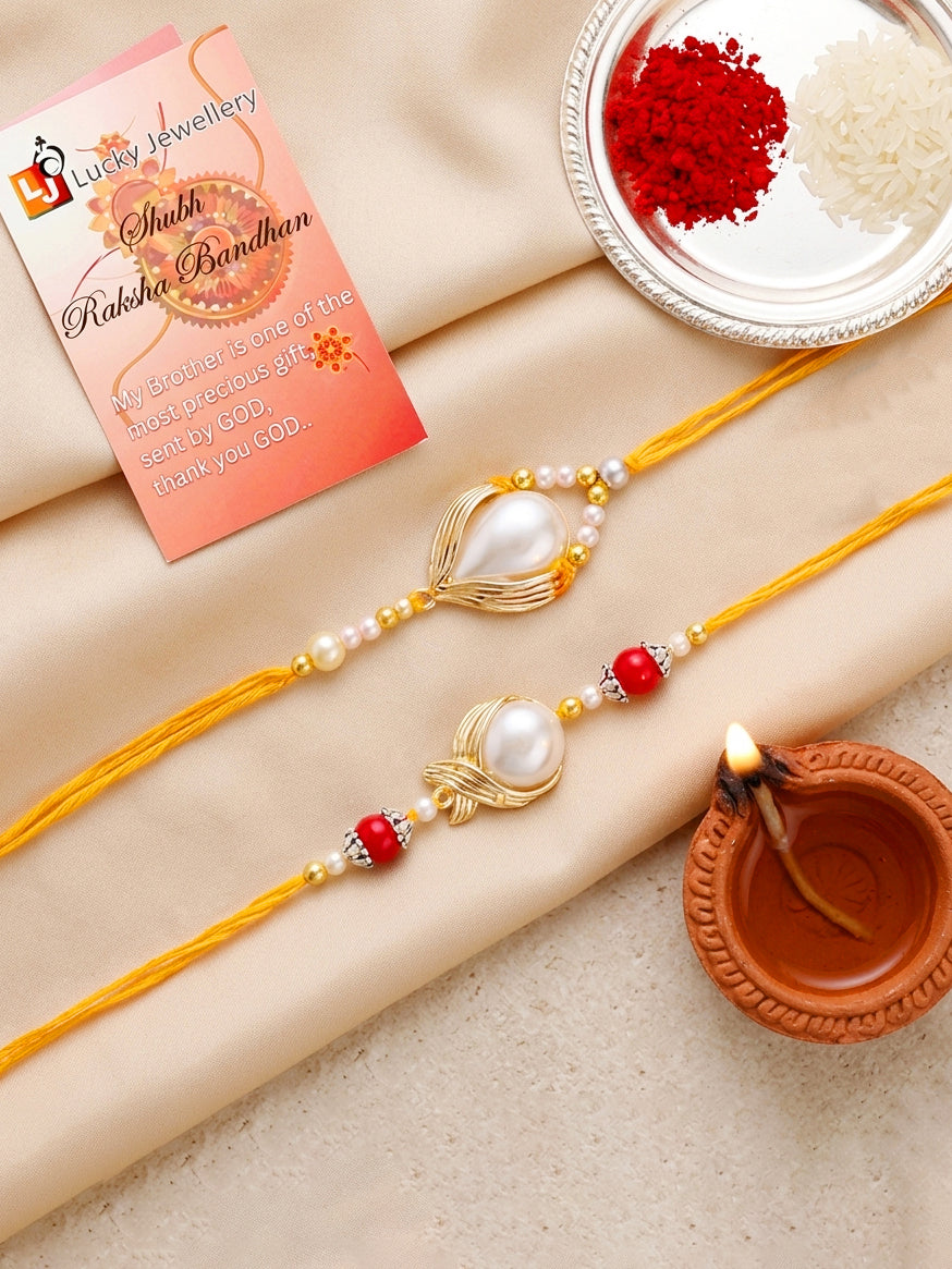 Set of 2 Designer Rakhi for Brother, White Stone Centerpieces with Golden Beads, Roli, Chawal (275-CHR1-1137-2-2026)