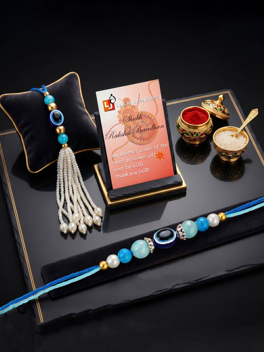 Set of 2 Bhaiya Bhabhi Evil Eye Rakhi Set with Blue & White Beads, Lumba Tassel, Roli Chawal & Card (72-J5R1-1992-EE-2-2026)
