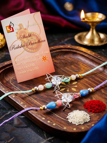 Set of 2 Rakhi with Silver Geometric AD Pendant, Pastel Beads, Roli Chawal & Card (225-CHR1-1004C-S-2-2026)