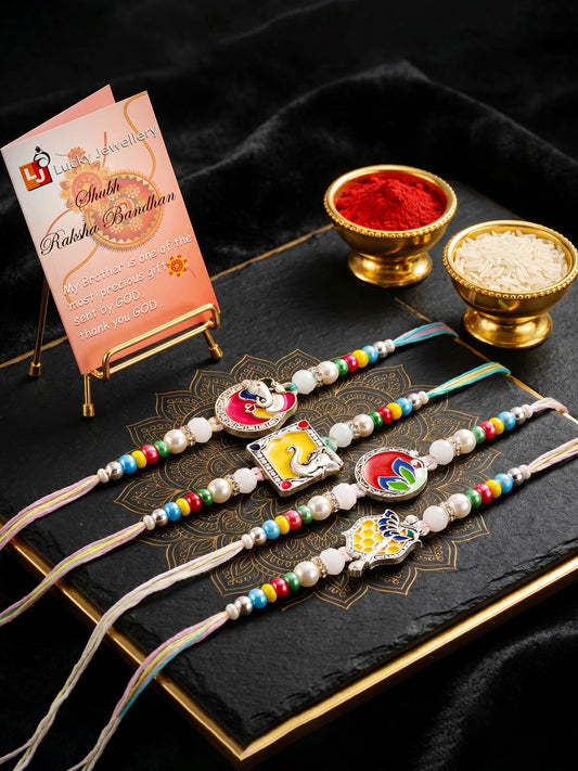Lucky Jewellery Set of 4 Silver-Toned Enamel Ganesha & Floral Rakhi for Brother | Designer Multicolored Beaded Threads | Raksha Bandhan with Roli, Chawal & Card (528-S5R1-2307-4)