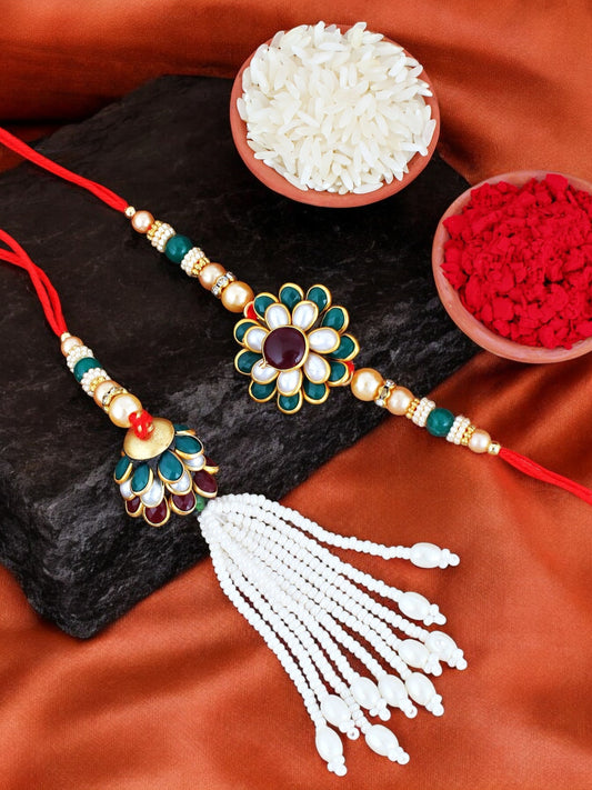 Lucky Jewellery Designer Gold Plated Maroon & Green Color Pachi Floral Rakhi - Rakshabandhan Rakhee with Pearl Lumba Bracelet for Brother/Bhaiya/Bhai/Bhabhi - Pack of 2 (173-JPCR1-1858-MG-2)