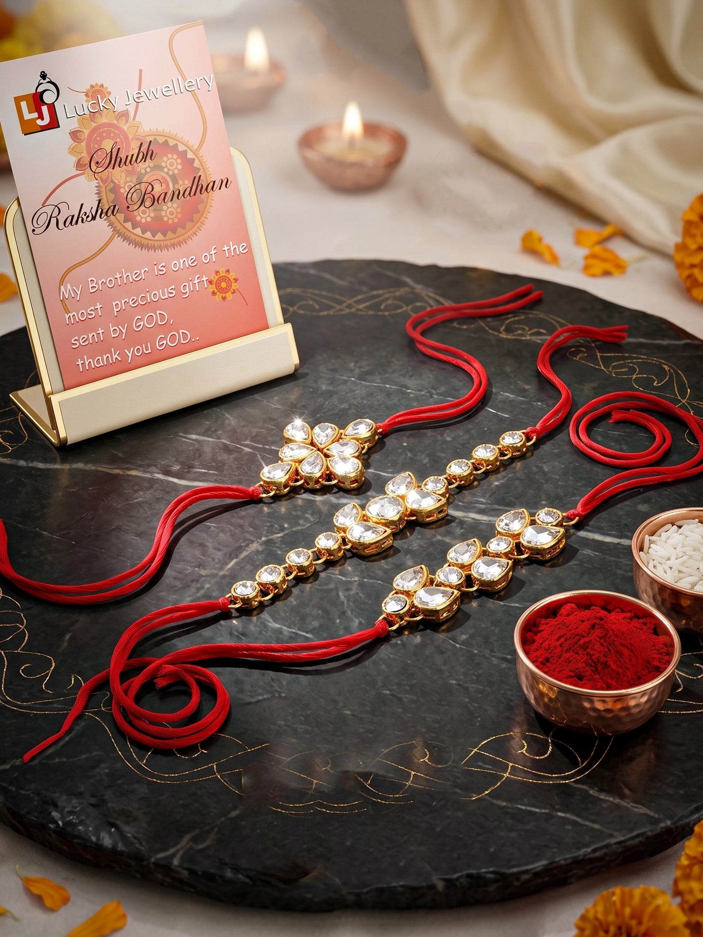 LUCKY JEWELLERY Traditional Rakhi for Brother/Bhaiya – Gold Plated Red Thread Rakshabandhan Rakhie White Stones for Bhai/Bhabhi (Pack of 3) – Fancy Rakhee Bracelet Rakshasutra (159-L1R1-09-W-3-2026)