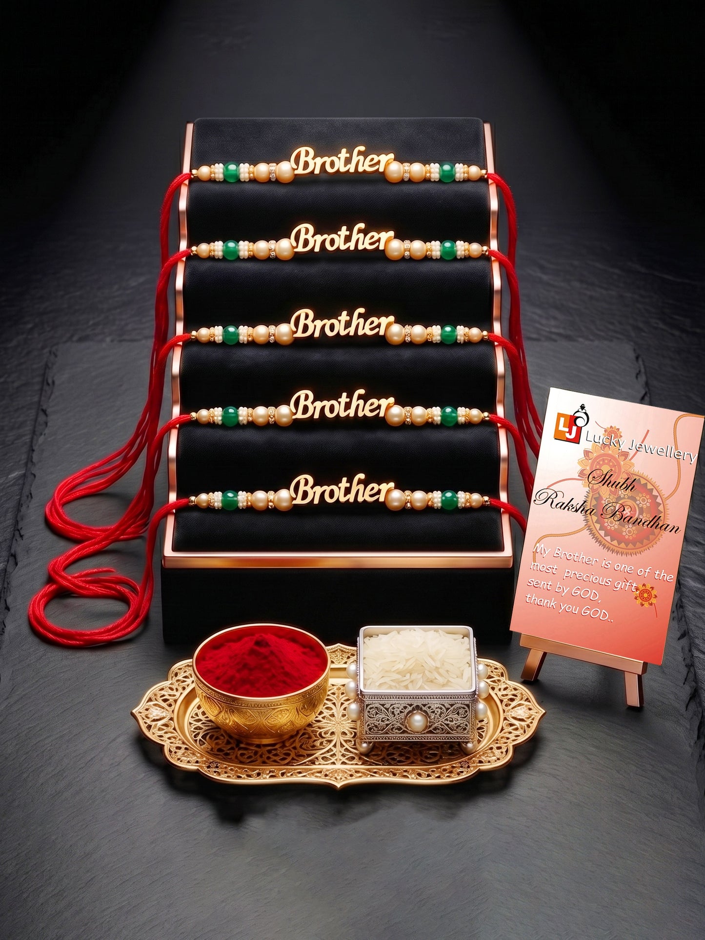 Set of 5 Brother Pendant Rakhi with Green & Smooth White Beads, Roli Chawal & Card (120-CHR1-1964-5-2026)