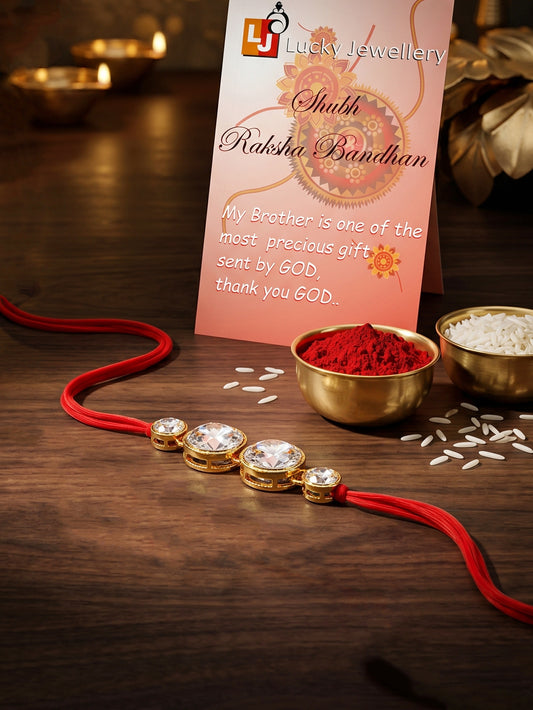 LUCKY JEWELLERY Traditional Rakhi for Brother/Bhaiya – Gold Plated Red Thread Rakshabandhan Rakhie in White Stones for Bhai/Bhabhi (Pack of 1) – Fancy Rakhee Bracelet Rakshasutra (76-L1R1-10-W-1-2026)