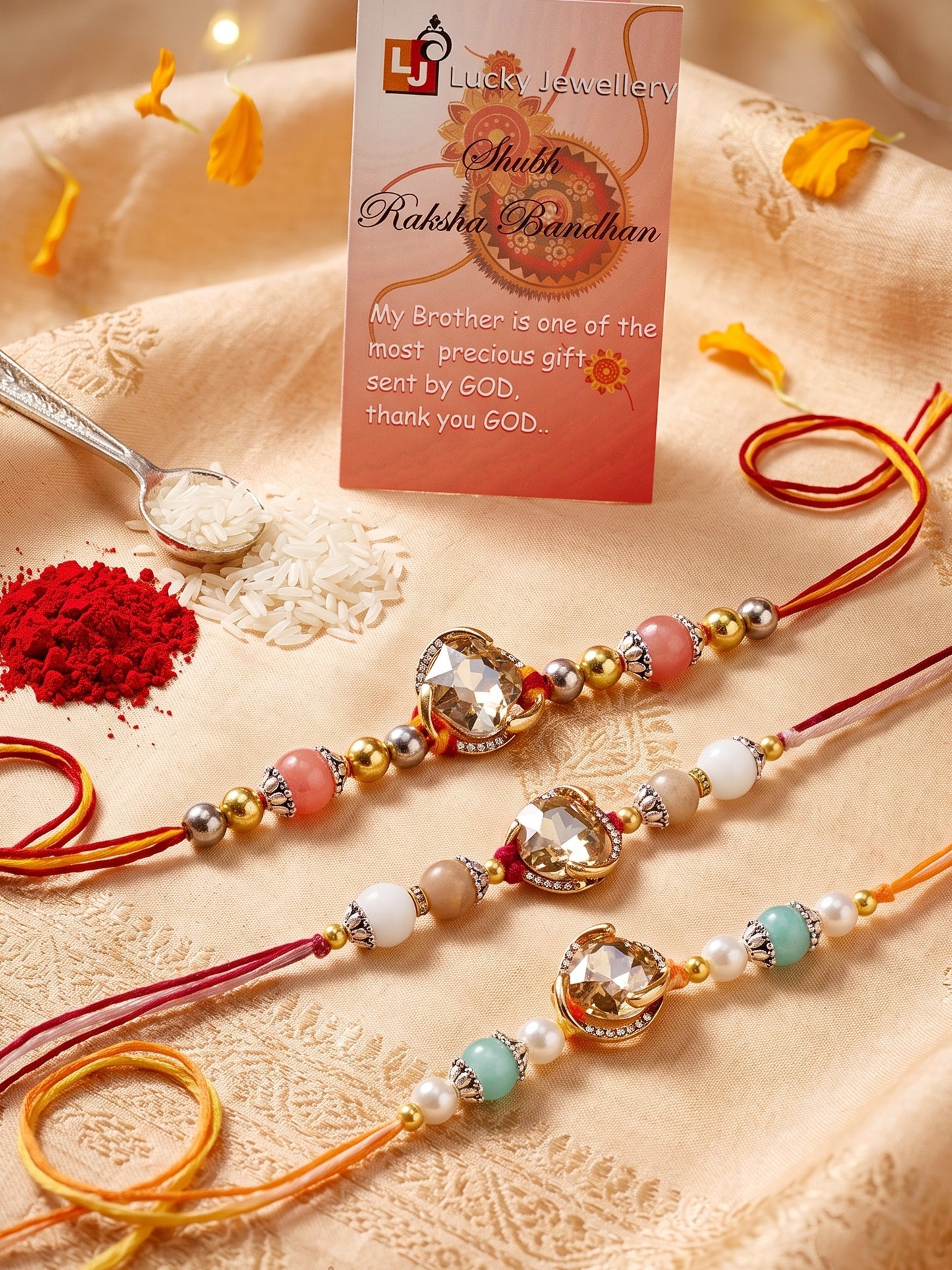 Set of 3 Designer Rakhis: Faceted Crystal Centerpiece & Multi Beads, Roli, Chawal & Card (300-CHR1-1002B-3-2026)