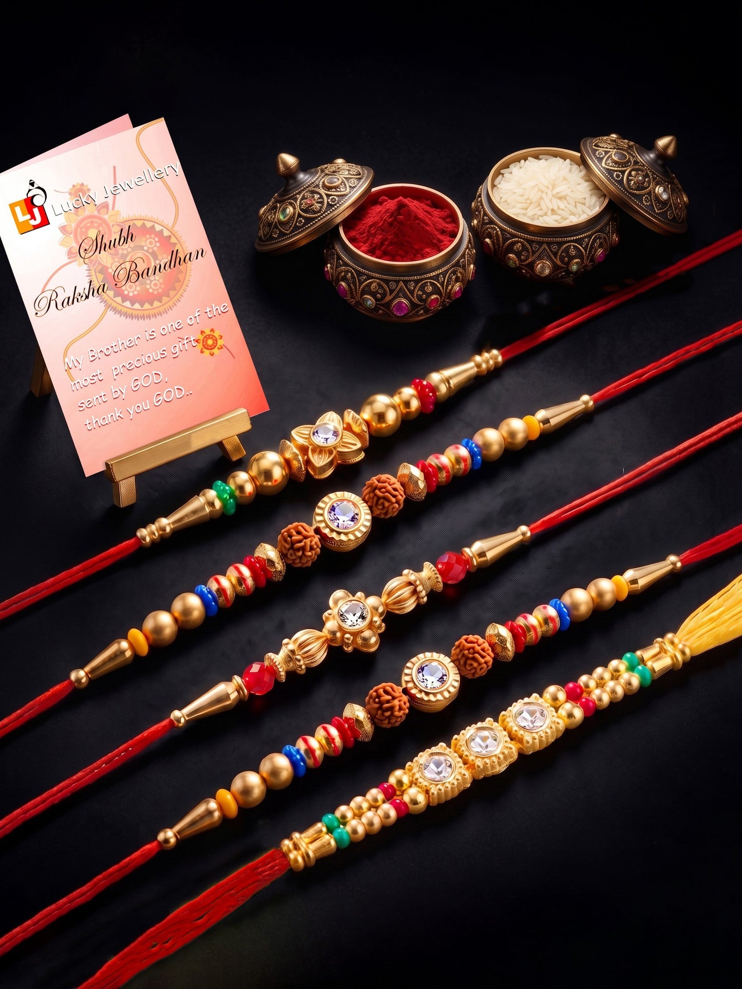 Lucky Jewellery Set of 5 Rakhi with Small Crystal Centerpieces, Gold-Tone & Multicolor Beads, Roli Chawal & Card (61-S7R1-2319-5)