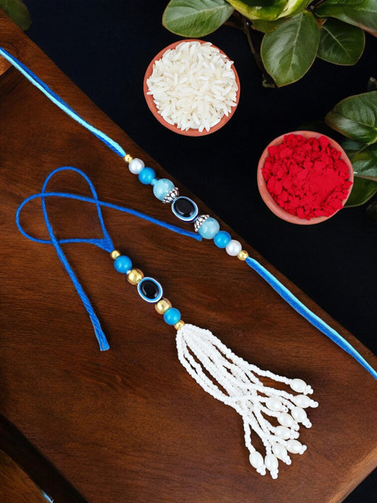 Lucky Jewellery Designer Blue Color Evil Eye Rakhi - Rakshabandhan Rakhee with Lumba Bracelet for Brother/Bhaiya/Bhai/Bhabhi - Pack of 4 (116-J5R1-1991-EE-4)