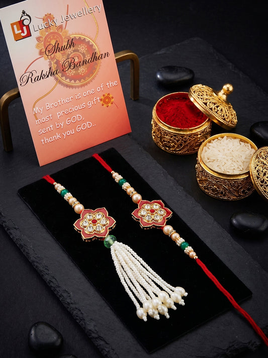 Set of 2 Bhaiya Bhabhi Rakhi Set with Red Floral, Green & White Beads, Tassel Lumba, Roli Chawal (118-JPCR1-1847-M-2-2026)
