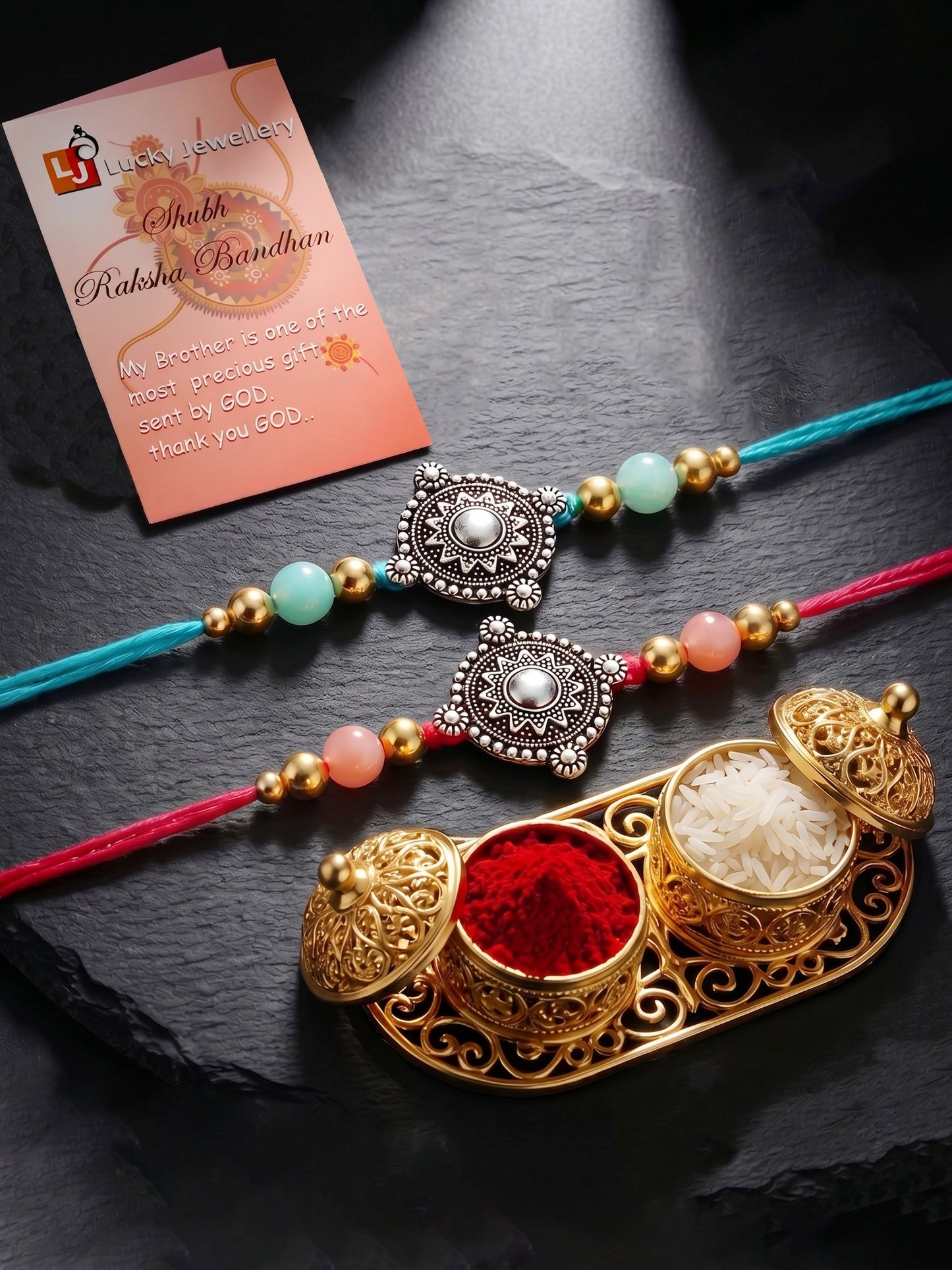 Set of 2 Oxidised Silver Mandala Rakhi for Brother with Pastel Beads, Roli Chawal & Card (84-JPR1-1962-S-2-2026)