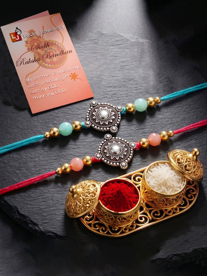 Set of 2 Oxidised Silver Mandala Rakhi for Brother with Pastel Beads, Roli Chawal & Card (84-JPR1-1962-S-2-2026)