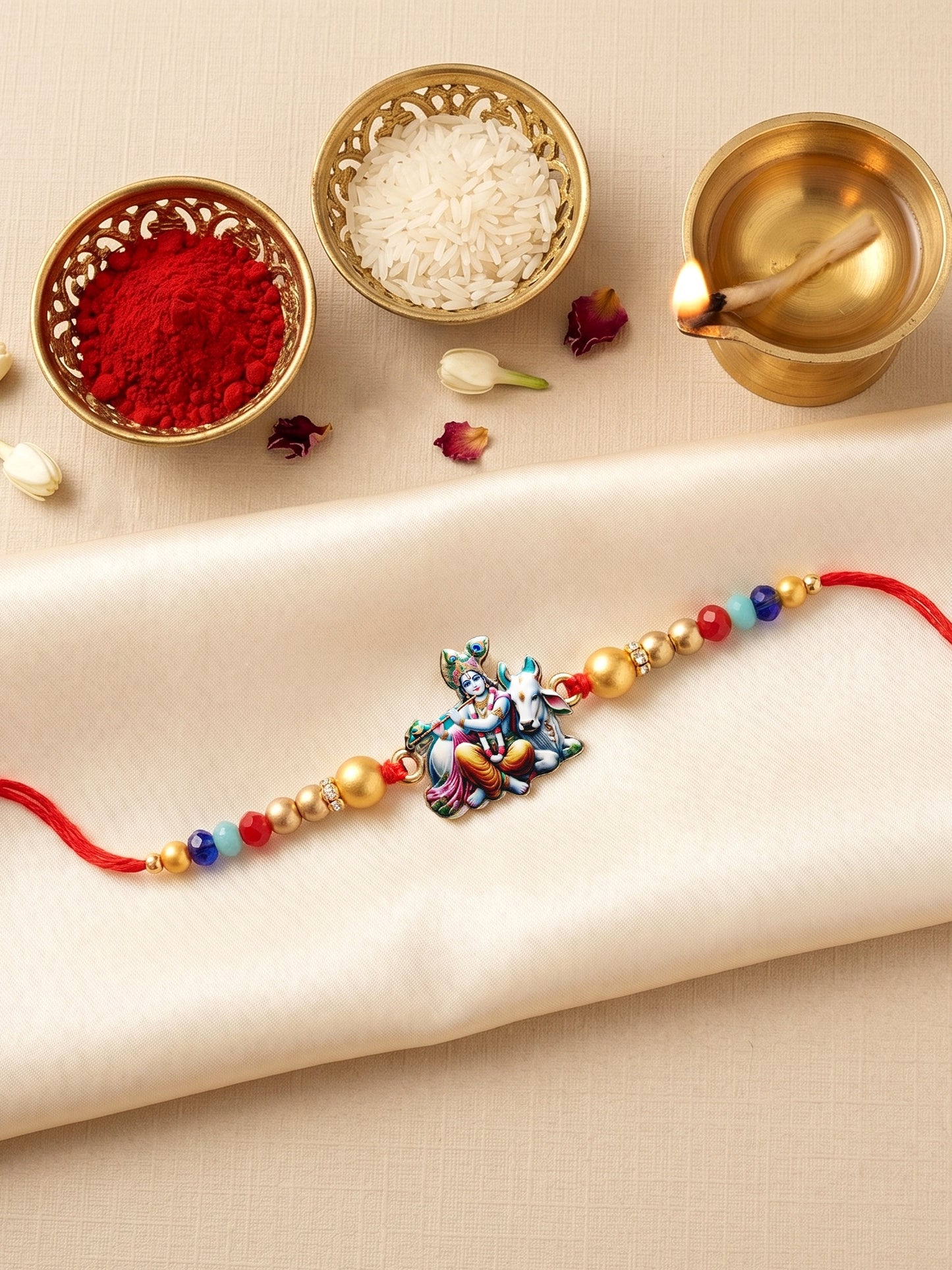 Religious Lord Krishna & Cow Designer Rakhi Set For Brother | Roli Chawal & Card (84-S5R1-GCS0322)
