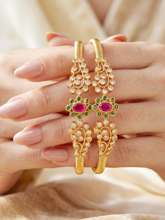 Gold-Plated AD Floral Pink & Green Stone Bangle (612-C1BG-2196-2)