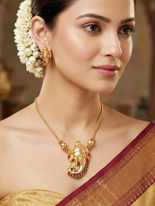 Traditional Gold-Tone Lord Ganesha Necklace Set with Pink & Green Stone Detailing | Temple Style Ethnic Jewellery with Stud Earrings for Festive & Wedding Wear (590-ISR-2181-RG)