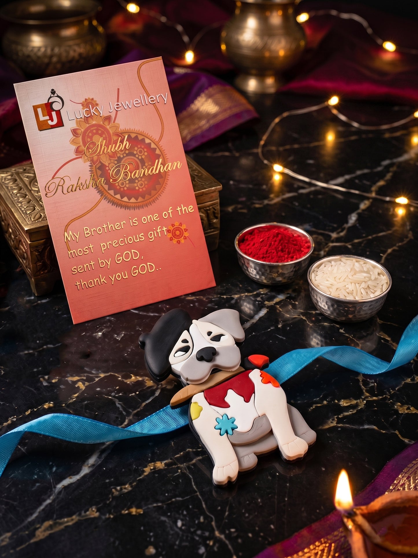 Kids Rakhi for Little Brother, Cute Cartoon Dog Acrylic Charm on Soft Blue Ribbon, Roli, Chawal (425-CHR1-1194-1-2026)