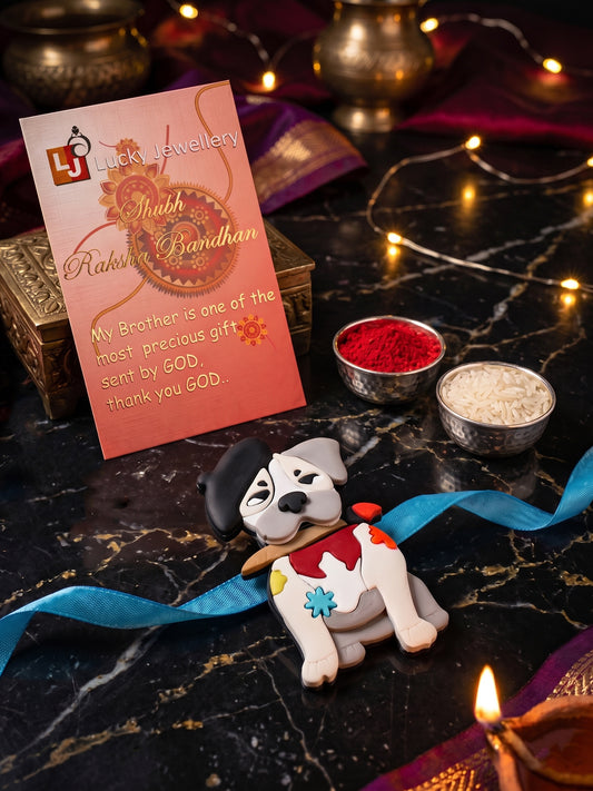 Kids Rakhi for Little Brother, Cute Cartoon Dog Acrylic Charm on Soft Blue Ribbon, Roli, Chawal (425-CHR1-1194-1-2026)