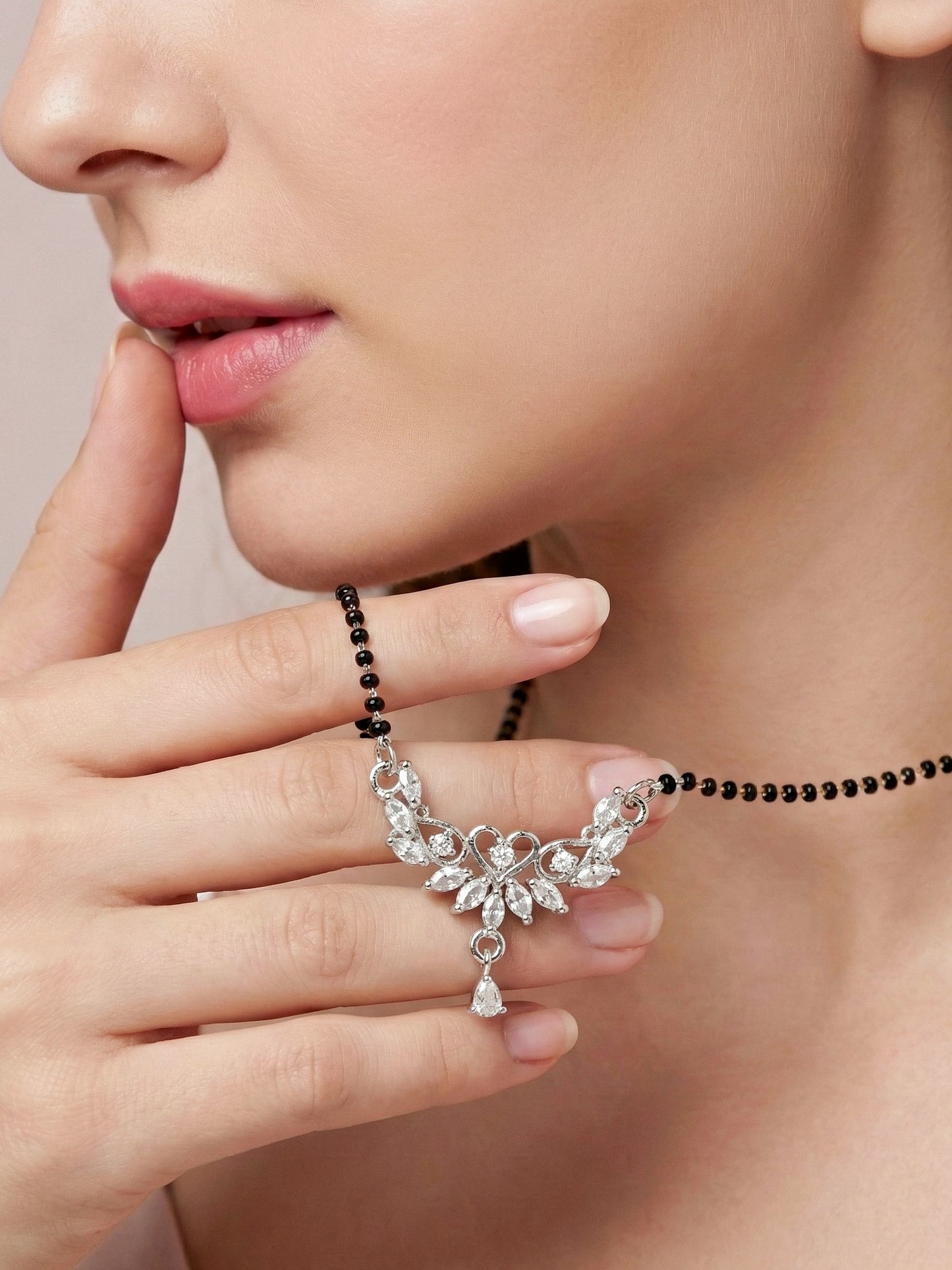 Lucky Jewellery Silver-Toned CZ Heart Drop Mangalsutra for Women (110-K4MA-2244-S)