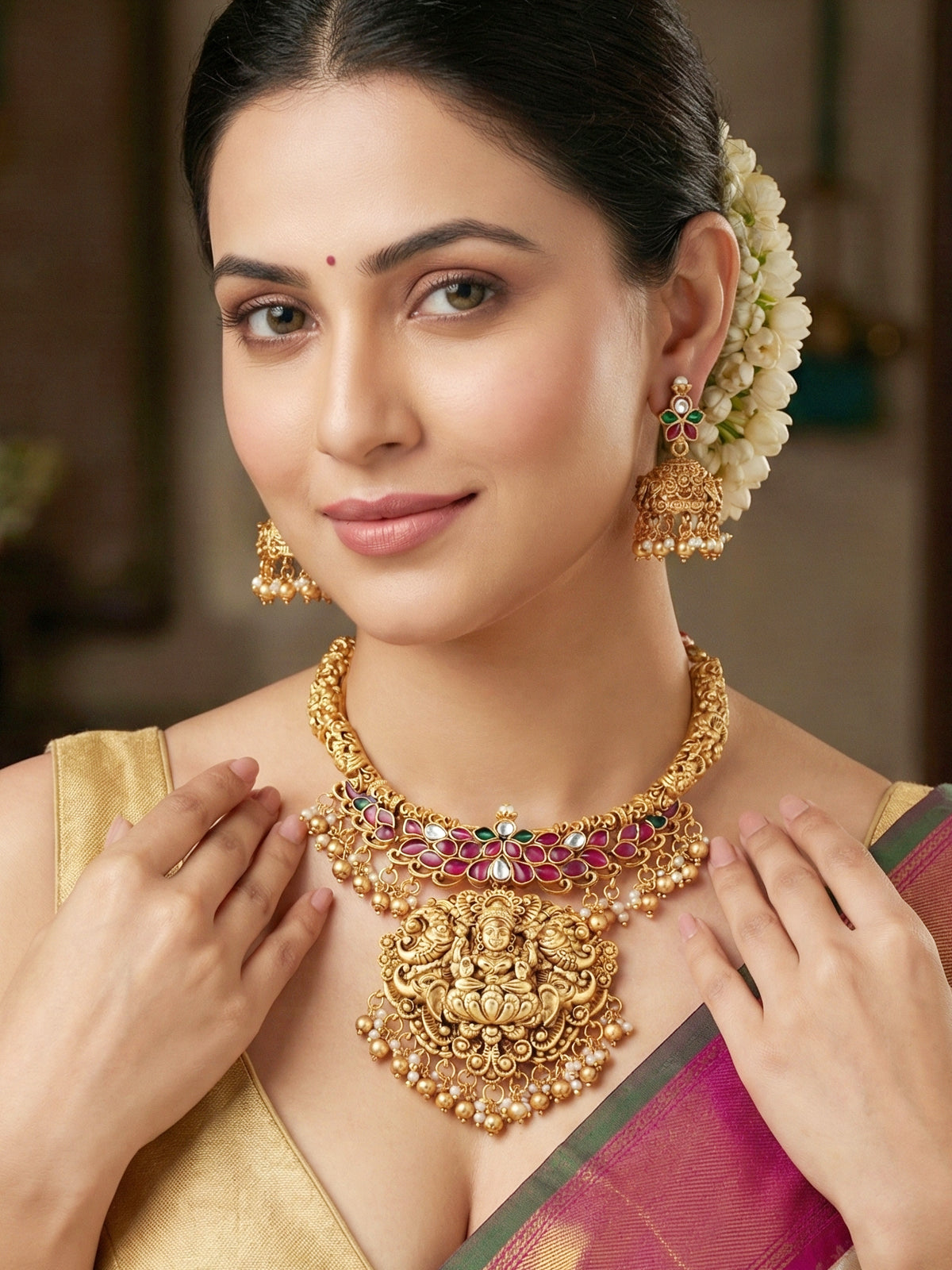 Gold Plated Temple Jewellery Necklace Set for Women with Goddess Lakshmi Pendant, Red Ruby & Green Stone Floral Design, Antique Traditional South Indian Bridal Jewellery, Pearl Drop Choker Necklace with Matching Jhumka Earrings (1634-ISR-2180-R)