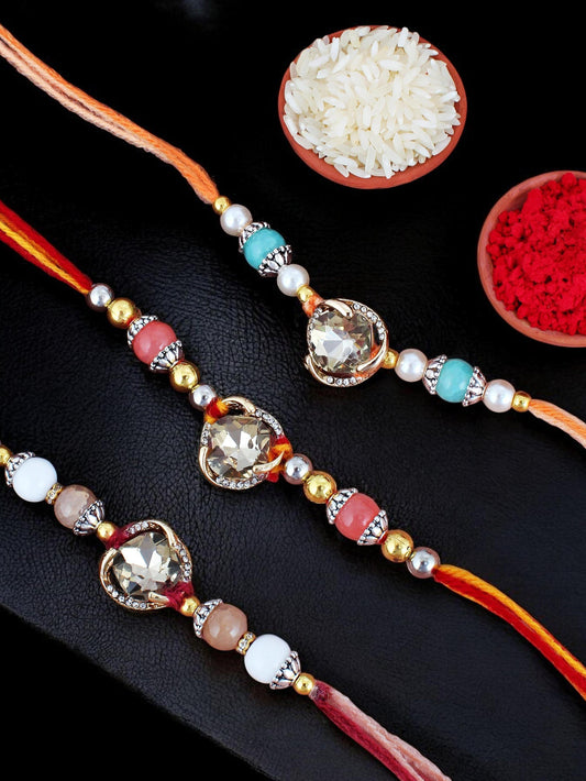 Lucky Jewellery Designer Gold Plated Gold Stone Rakhi - Rakshabandhan Rakhee Bracelet for Brother Bhaiya Bhai Bhabhi - Pack of 3 (300-CHR1-1002B-3)
