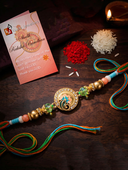 Designer Floral Enamel Multicolour Beaded Rakhi for Brother with Roli Chawal & Greeting Card (70-S7R1-EA2822)