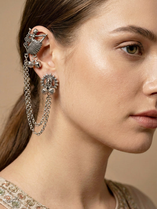 Oxidised Silver Tribal Dancer Ear Cuff with Ghungroo Chain Earrings For Girls & Women (258-KK2O-10672)