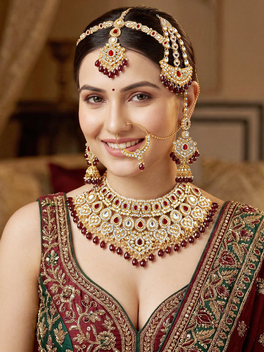 Bridal AD Maroon Stone Heavy Choker Jewellery Set with Sheesh Patti, Nath & Jhumka (3300-M8ZK-1102-M)