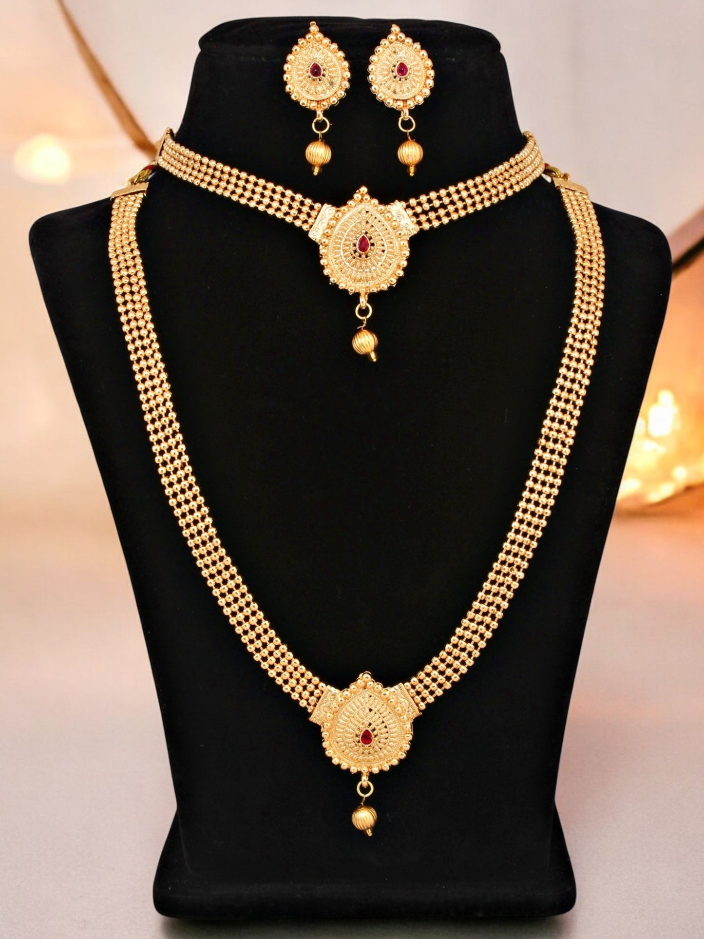 Gold Plated Traditional Double Necklace Set with Earrings For Women & Girls